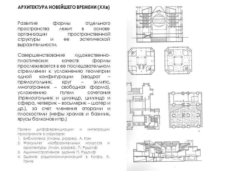 АРХИТЕКТУРА НОВЕЙШЕГО ВРЕМЕНИ (XXв)   Развитие формы отдельного пространства лежит в основе организации